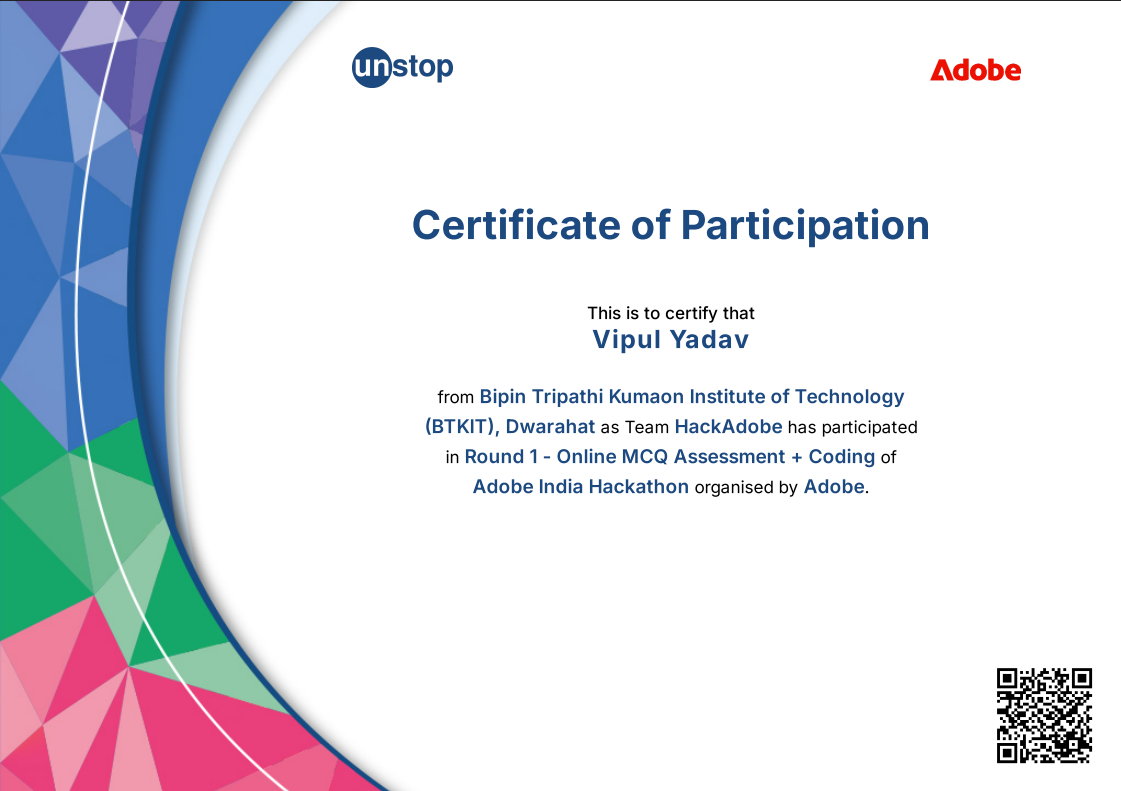 Adobe India Hackathon Certificate